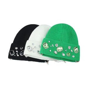 Customizable Handmade Acrylic Beanie <b>Hat</b> Custom Logo Crystal Embellishments Ribbed Knit Breathable Waterproof <b>Winter</b> Head Warmer - Product Image 1