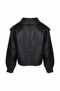 Chaquetas de cuero negro para mujer para otoño primavera recortadas de gran tamaño con cuello de solapa Diseño suelto suave cruzado transpirable Rider - Product Image 4