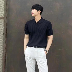 NH51 manga corta acanalada para camisa hecha de tela de punto elástica con cuello alto cómodo ajuste Regular 100% algodón - Product Image 2