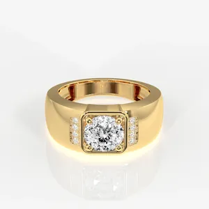 Men's 14K Yellow Gold Portuguese Cut Lab Grown Diamond Geometric Rhodium Plated Pave Setting Engagement Wedding <b>Ring</b> - Product Image 1