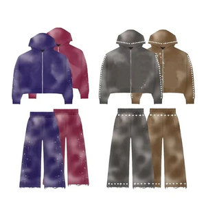 Conjunto Deportivo Unisex al por Mayor con Capucha y Cremallera con Diseño de Diamantes Lavado al Ácido, Pantalones Deportivos Acampanados con Pedrería, Personalizado OEM, 100% Algodón, Diseño Elegante - Product Image 2