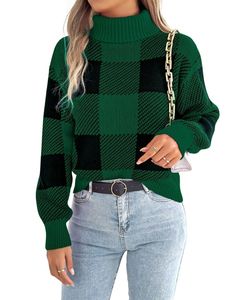 Customized Women Green Black Checkered <b>Turtleneck</b> Sweater Winter Warm Knitted <b>Long</b> <b>Sleeve</b> Casual Pullover Fashion <b>Top</b> For Ladies - Product Image 1