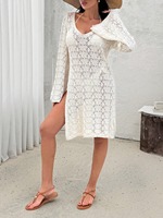 Gehaakte Damesbedekking Met Lange Mouwen, Lichtgewicht Knielengte Mesh Strandjurk Met Wijde Hals, Perfect Voor Reizen S/M