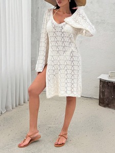 Couverture en crochet à manches longues pour femmes, robe de plage en maille légère au genou avec fente à col large, parfaite pour les voyages S/M - Product Image 5