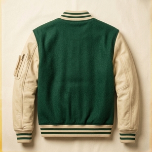 Blouson Bomber en Cuir Vert Crème Personnalisé, Style Letterman, Col Côtelé, Poches Zippées, Fabricant OEM ODM Marque Privée - Product Image 2