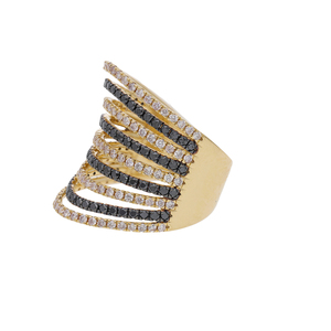 Exquisito Anillo Multibanda Chapado en Oro Amarillo de 14K con Rodio, Diamantes Blancos y Negros Naturales, Joyería Clásica y Elegante - Product Image 2