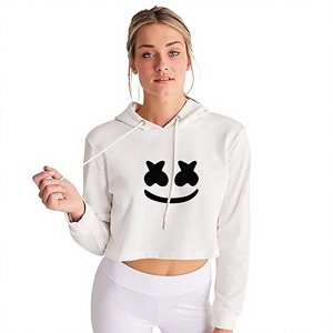 Hoodie court blanc pour femme, décontracté, manches longues, coton, imprimé, logo sur le devant, vêtement d'automne - Product Image 1