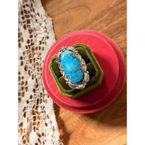 Emerson Degarito Handmade Kingman Turquoise Sterling <b>Silver</b> <b>Ring</b> <b>Emerald</b> Cut Diamond Bezel Setting Size 11.75 for Everyday Wear - Product Image 4