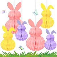 Décorations suspendues en nid d'abeille pour Pâques, 6 pièces, boules en nid d'abeille 3D en forme de lapin, rose pastel et violet, pour la décoration du plafond de la fête de Pâques
