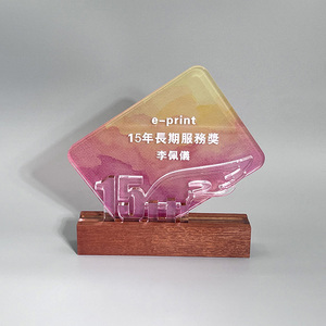 Crystal Award Stele with Wooden Base-UV Printed Glass <b>Plaque</b> for Tradeshow Giveaways - Product Image 1