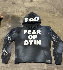 2025 nueva moda 500 Gsm algodón lavado ácido apenado bordado parche pulóver Sudadera con capucha recortada dobladillo crudo personalizado Rhinestone Sudadera con capucha - Product Image 4