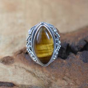 <b>Tiger</b> <b>Eye</b> Marquise Natural Gemstone <b>Ring</b> Bezel Setting 925 Sterling Silver Rhodium Plated Fancy Design Elegant Women's Jewelry - Product Image 4