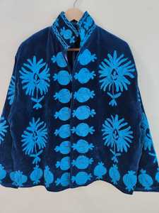 Boho Blue <b>Velvet</b> Suzani <b>Jacket</b> Embroidered Winter Coat, <b>Velvet</b> Suzani Embroidered <b>Jacket</b>: Bohemian Artisanal Coat - Product Image 4
