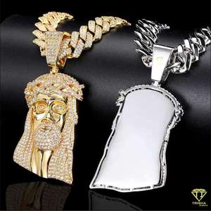 Mode 925 Argent Laiton Zircone Moissanite baguette Argent Plaqué Grand Religieux Jésus Tête Collier Pendentifs pour Homme - Product Image 4