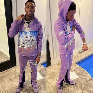 Chándal personalizado, chándal de lana gruesa, 100% de algodón, sudaderas con capucha de dos piezas y pantalones de chándal acampanados, conjunto de joggers apilados para hombre - Product Image 4