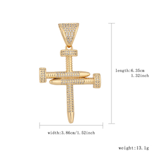 Pendentif Croix Clou en Laiton Plaqué Or 14K, Sertie de Zircone Cubique, Bijoux Hip Hop Religieux pour Collier - Product Image 2