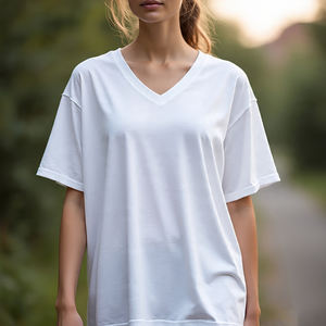 White Baggy V-Neck T Shirt Women Jogging Wear Summer Drop Shoulder 100% Cotton Polyester V Neck Tee Top Ladies - Product Image 5