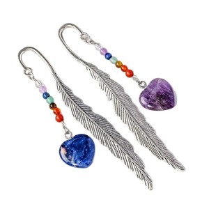 Marcador de Páginas de Pluma de Cristal Natural con Cuentas en Forma de Corazón, Inspirado en Chakras, Regalo Decorativo para Libros - Product Image 1