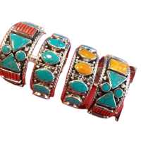 Bracelet manchette ethnique en argent tibétain sans nickel de haute qualité avec cœur en turquoise et serti de pierres, idéal pour femme – Cadeau parfait