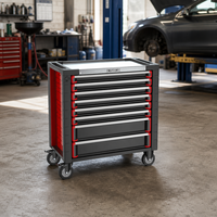 Chariot d'atelier KINBOX 01RS4M8 à 8 tiroirs, large, en acier, avec plan de travail en acier inoxydable, bac de rangement, noir et rouge