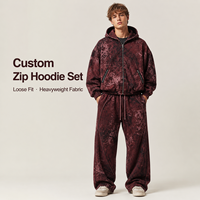 Conjunto de Sudadera con Capucha y Cremallera Completa IKDEER para Hombre, Estampado Abstracto Borgoña, Pantalones Anchos para Lookbook de Estudio, Lanzamiento de Marca