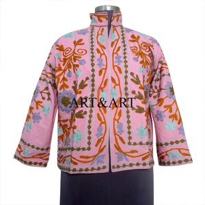 Indian Suzani Embroidered Breathable Eco-Friendly Women's Elegant Short Winter <b>Quilted</b> Quick Dry Cotton Jacket - Product Image 1