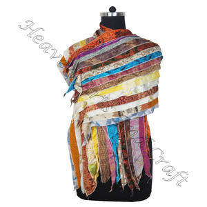 Indian Vintage Dupatta 15 tiras de seda hecha a mano estola Hijab reciclado Fabricante Mayorista de India Sari parches reversibles - Product Image 6