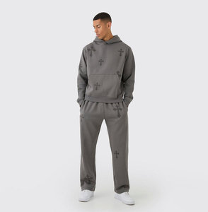 Conjunto Deportivo Informal de Dos Piezas para Hombre, Sudadera con Capucha y Pantalones Deportivos con Estampado de Cruz Gris, Ropa Deportiva de Felpa - Product Image 1
