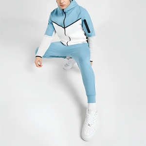 Men's Color Blocking Hooded Sweatshirt Set Slim Fit Zip-Up Casual Joggers Blue White Polyester Cotton FRENCH TERRY Autumn Wear - Product Image 6
