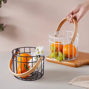Metal Storage <b>Basket</b> With Wooden Handle Fruits and vegetables <b>basket</b> for kitchen organizer and <b>table</b> decor kitchen accessories - Product Image 3