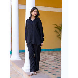 Conjunto de 2 Piezas para Mujer, Estilo Oxford Negro, Manga Larga, Corte Holgado, Casual, Primavera-Verano, Top y Pantalones, Color Sólido, Cuello Camisero, 100% Algodón - Product Image 5