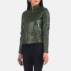 Custom Cowhide <b>Leather</b> Biker <b>Jacket</b> with Green <b>Suede</b> Quilting for Ladies - Product Image 4