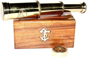 Nouveau maritime nautique ensemble en laiton boussole télescope boîte en bois à la main en laiton pointant promotion cadeau entreprise personnalisé - Product Image 3