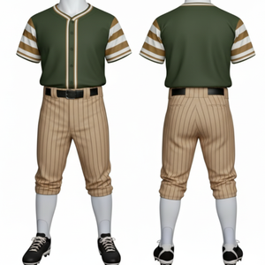 ชุดยูนิฟอร์มเบสบอลวินเทจสีเขียวและสีกากี กางเกงลายทางแบบซับลิเมชั่นสั่งทำพิเศษ พร้อมเสื้อเจอร์ซีย์แต่งแถบลายทางที่แขนเสื้อ - Product Image 3