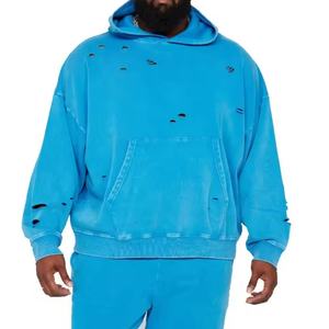 Sudadera con capucha de gran tamaño 420gsm personalizada lavado negro desgastado borde crudo Sudadera con capucha liso azul sólido sudaderas con capucha de talla grande - Product Image 2