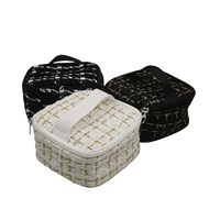 Élégante trousse de maquillage en microfibre tweed, petite taille, motif géométrique, fermeture éclair métallique, poignée souple portable, sac de rangement pour maquillage
