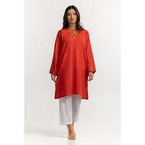 Camisa de mujer con cuello asimétrico, manga kimono, estampado floral a cuadros, bordada, teñida con efecto dobby, talla XL, de gasa, lino y punto, color naranja. - Product Image 4