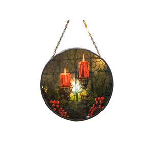 3D Pattern Painted Plastic Panel Decor For Home Gift Christmas Suncatcher Window Hangings- - -Red Candle