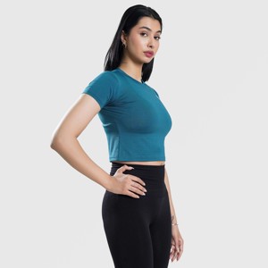 W024 Ladies Slim Fit Cropped Tee XS-XXS Teal Cotton <b>Knitted</b> T-Shirt Bow Collar <b>Animated</b> Character <b>Pattern</b> Breathable Striped - Product Image 5