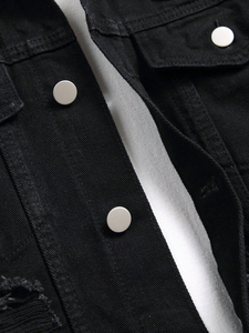 Veste en jean vintage unisexe de haute qualité, noire, manches longues, déchirée, effilochée, poche rabattable, écologique, coupe-vent, tendance printemps - Product Image 5