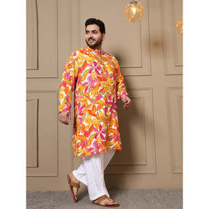 Amanush Kurta longue pour homme, grande taille, imprimé feuilles multicolores, manches trois-quarts, col mandarin, coupe ample, décontracté d'été - Product Image 5