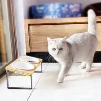 Erhöhter Bambus-Futternapfständer mit zwei Keramikschalen, erhöhter Futternapf für Katzen und kleine Hunde
