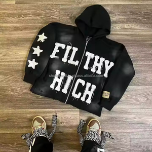 2025 nouveau Vintage Crop 100% coton lourd fermeture éclair thermique en détresse broderie Patch tailles américaines lavage à l'acide sweats à capuche pour hommes - Product Image 3