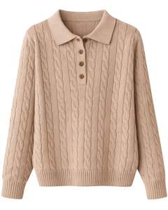 Pull en maille torsadée beige pour femmes, col polo, manches longues, patte de boutonnage, doux, chaud, décontracté, pour l'hiver, pour les acheteurs en gros - Product Image 1