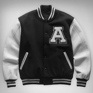 เสื้อแจ็คเก็ตหนังมีตัวอักษรแต่งด้วยผ้าขนสัตว์มีแผ่นปะแบบพรีเมียม - Product Image 1