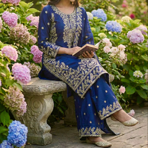 Présentation de la nouvelle collection de créateurs GMY, ensemble salwar kameez en soie avec broderie lourde, séquence de codage, haut-bas et dupatta pour les fêtes - Product Image 1