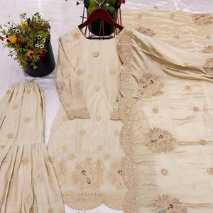 ชุดปาลาซโซดีไซน์เนอร์จากอินเดียนักออกแบบหนาคอลเลกชั่นผ้าไหมลายปักลำดับด้วยเสื้อ dori Work TOP & Palazzo กับ dupatta - Product Image 1