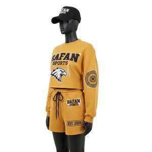 Ensemble sweat-shirt et short pour femme 100% coton de haute qualité, tissu molletonné chaud et doux, couleur moutarde, logo, ensembles pour femmes - Product Image 4