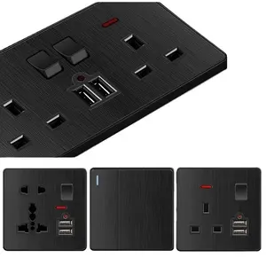 Mode Disikat Cahaya Hitam Dinding Saklar UK Afrika Listrik Switch Socket 1Gang 2Way Dimmer Tirai Switch USB Socket