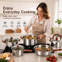 Ensemble de 12 ustensiles de cuisine en acier inoxydable, casseroles et poêles avec couvercles en verre et poignées imitation bois pour cuisinière à induction